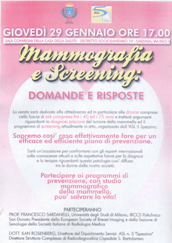 GIOVEDì 29 GENNAIO 2015 ORE 17: INCONTRO A SARZANA SU MAMMOMAGRAFIA E SCREENING
